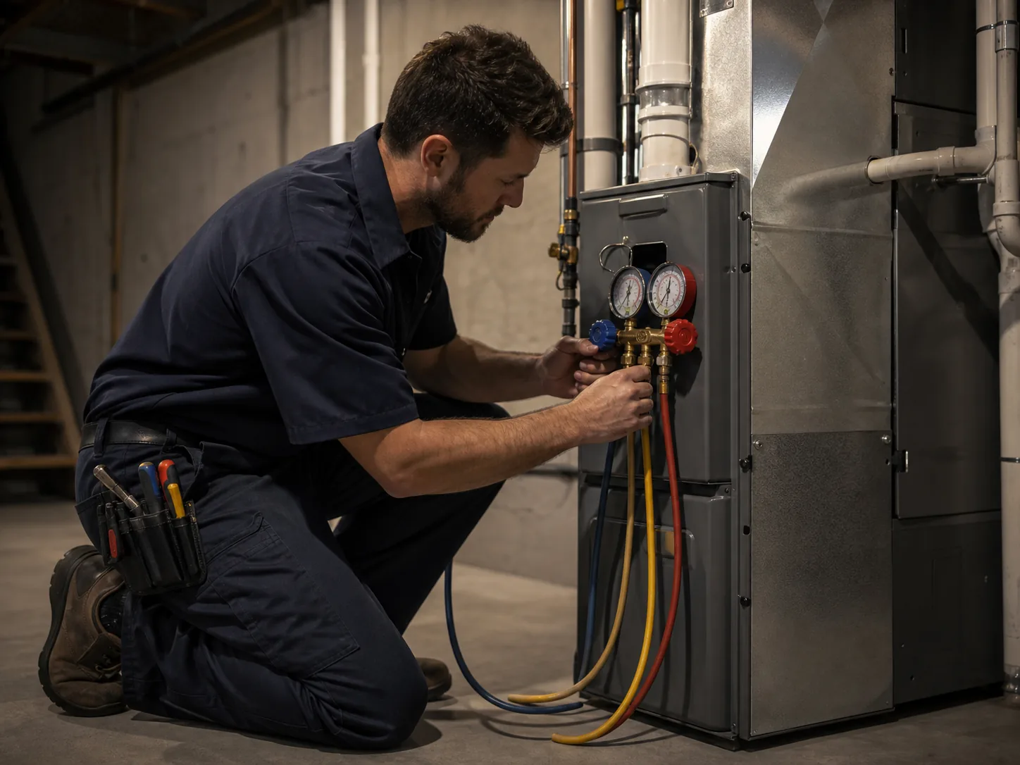 Technician checking refrigerant pressures