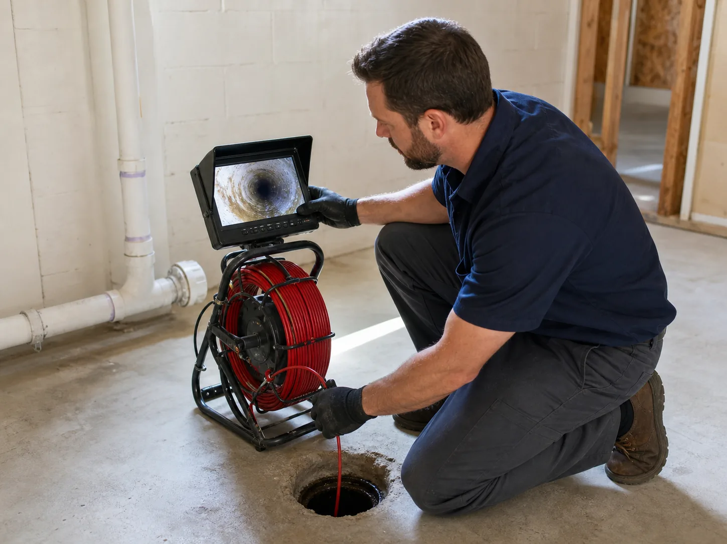 Plumber working in a basement